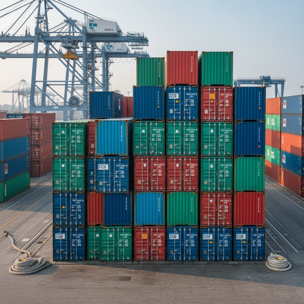 a large stack of shipping containers at a port, with cranes and additional containers in the background.