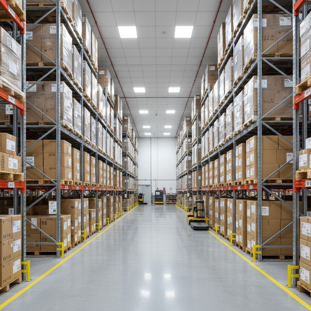 image description: large warehouse with rows of shelves stocked with boxes